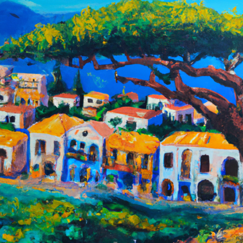 Künstliche Intelligenz 2023 - erstellt "Kunstwerke" in Sekunden! 9 Greek, Chania, trees, village, anime oil painting, high resolution, ghibli inspired, 4k